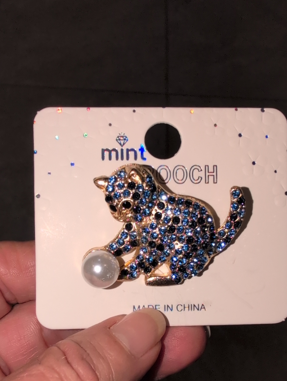 Playful Blue Rhinestone Kitten  Brooch with Pearl Ball Of Yarn By Mint